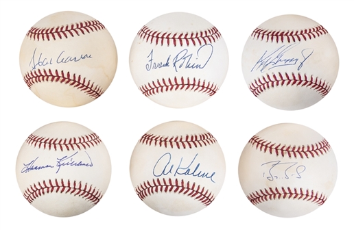 Lot of (6) 500 Home Run Club Members Single Signed Baseballs Including Hank Aaron, Barry Bonds and Ken Griffey Jr (JSA Auction LOA)